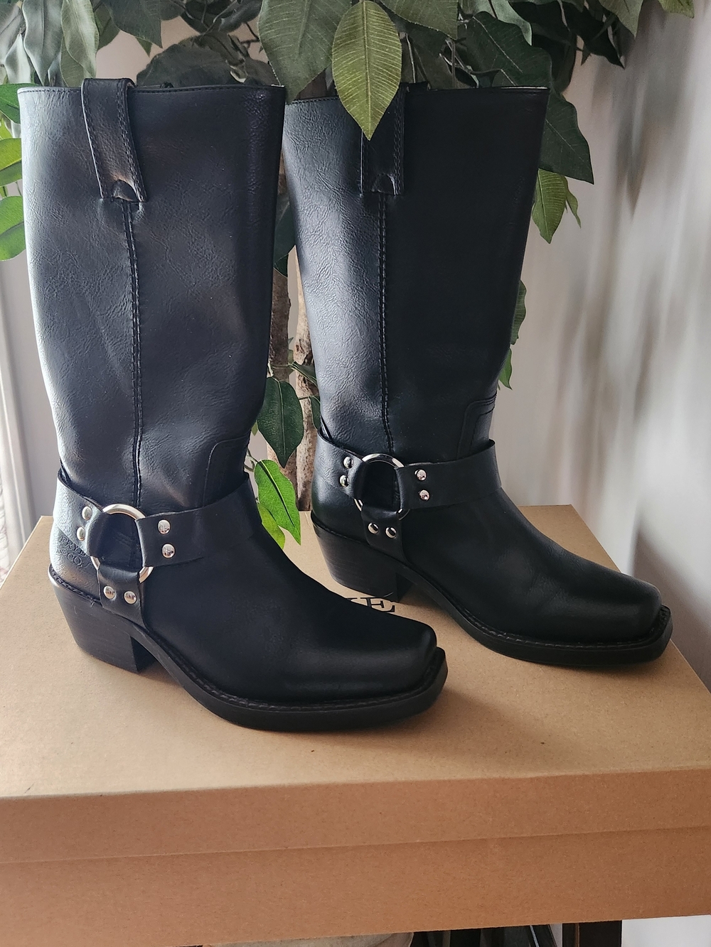 New Frye Black Leather Harness Mid-Calf Boots